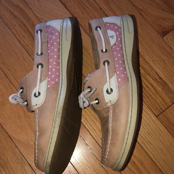 Sperry Shoes - Sperry Top-Siders Pink pattern with white Polka Dots on Tan Leather